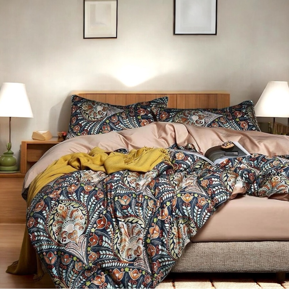 NEW Anthro Paisley Floral Multicolor Boho Queen / King Bedding Duvet & Sham Set